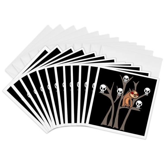 3drose, Funny Sloth in Tree Full of Skulls Animal Satire Goth, 12 Greeting Cards with Envelopes