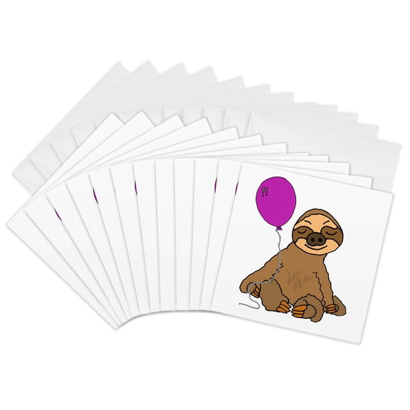 3drose, Funny Sloth with Purple Balloon Cartoon, 12 Greeting Cards with Envelopes