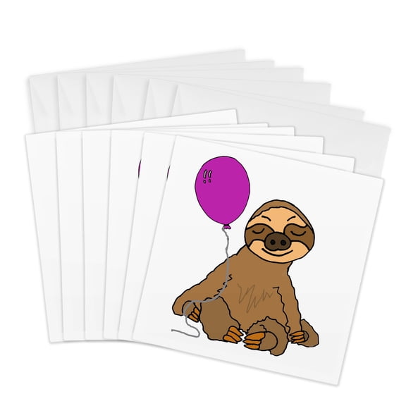 3drose, Funny Sloth with Purple Balloon Cartoon, 6 Greeting Cards with Envelopes