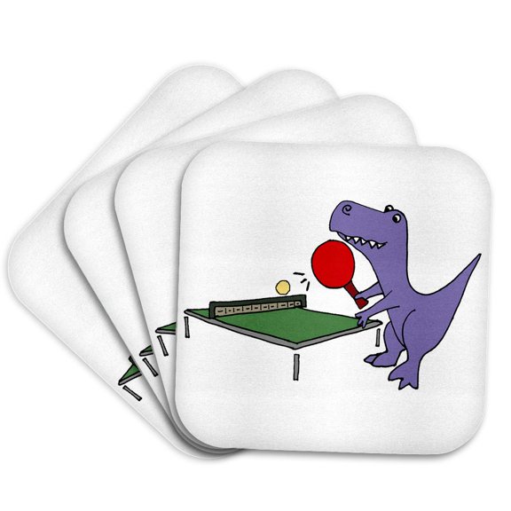 3drose, Funny T-rex Dinosaur Playing Table Tennis Cartoon, Set of 4 Coasters - Cork