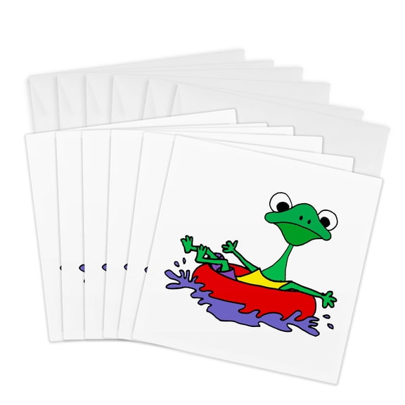 3drose, Funny Tree Frog Floating down River in Inner Tube Nature Cartoon, 6 Greeting Cards with Envelopes