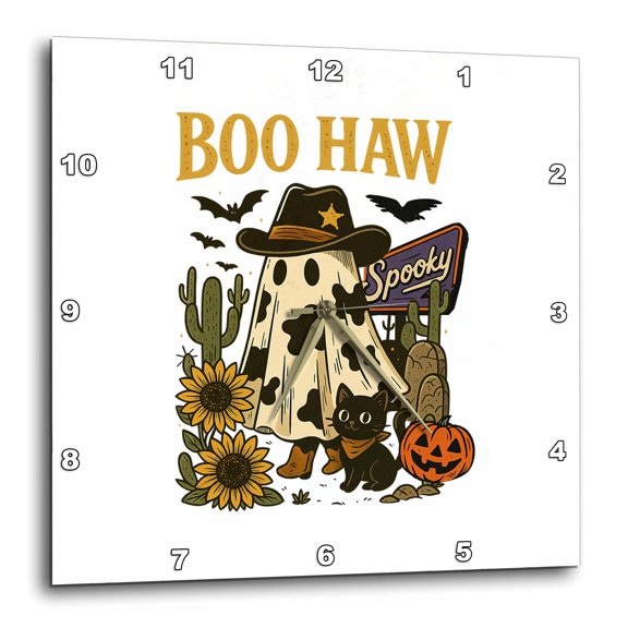 3drose, Funny Western Cowboy Ghost and a Kitten. Lovely Halloween Art Gift, 15x15 Wall Clock