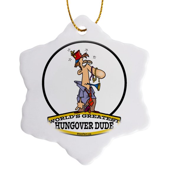 3drose, Funny Worlds Greatest Hungover Dude Cartoon, 3 inch Snowflake Porcelain Ornament