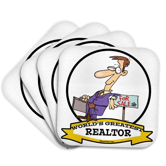 3drose, Funny Worlds Greatest Realtor Male Occupation Job Cartoon, Set of 4 Coasters - Cork