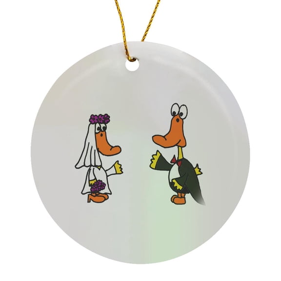 3drose, Funny Yellow Ducks Bride and Groom Wedding Cartoon, Circle Porcelain Ornament