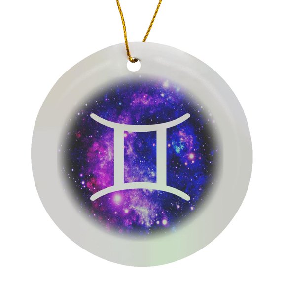 3drose, Gemini Star Sign on Purple Space Background Zodiac Horoscope Symbol, Circle Porcelain Ornament