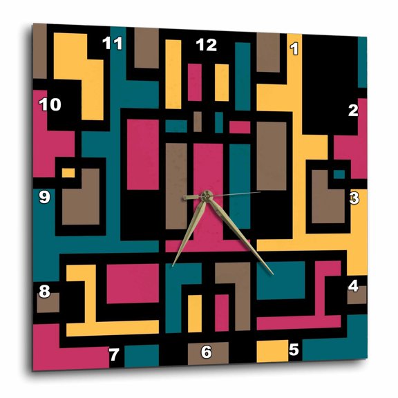 3drose, Geometric Art Deco Style Blue Pink Brown Yellow Black Outline, 10x10 Wall Clock