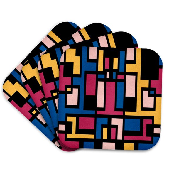 3drose, Geometric Art Deco Style Blue Pink Yellow Black Outline, Set of 4 Coasters - Soft