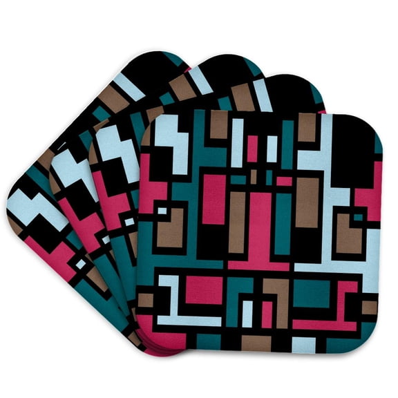 3drose, Geometric Art Deco Style Brown Blue Pink Black Outline, Set of 4 Coasters - Soft