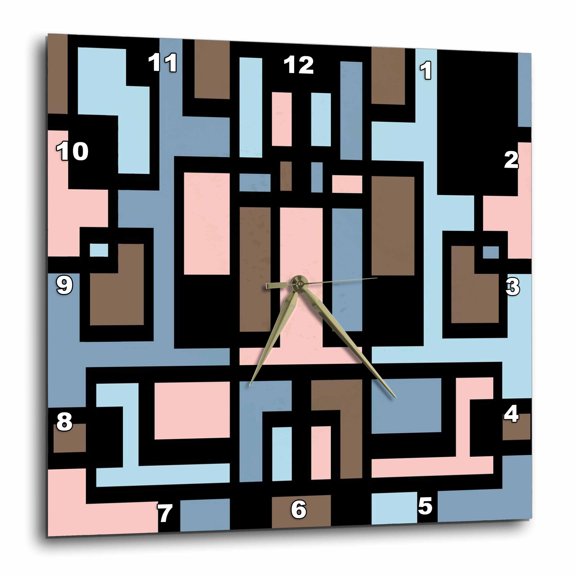 3drose, Geometric Art Deco Style Pink Blue Brown Black Outline, 10x10 Wall Clock
