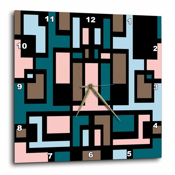 3drose, Geometric Art Deco Style Pink Blue Brown Black Outline, 10x10 Wall Clock