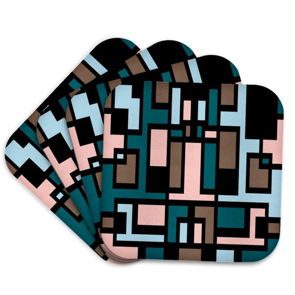 3drose, Geometric Art Deco Style Pink Blue Brown Black Outline, Set of 4 Coasters - Soft