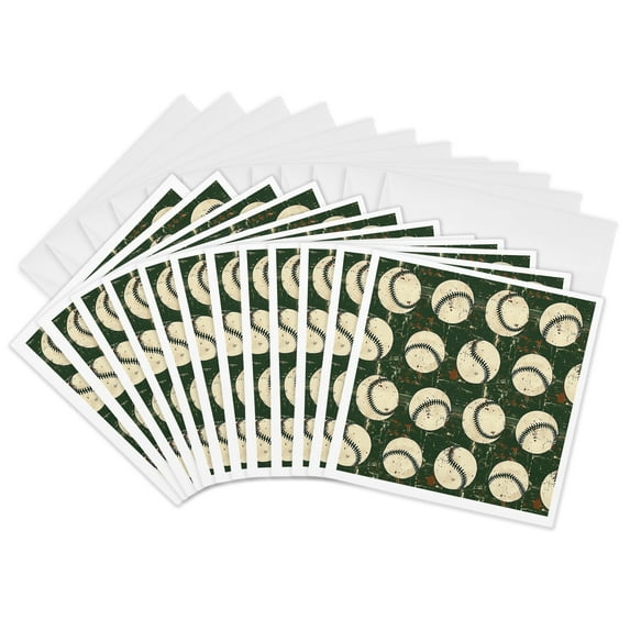 3drose, Geometric Pattern of Baseball Balls on Dark Green, Nice Gift for Man, 12 Greeting Cards with Envelopes