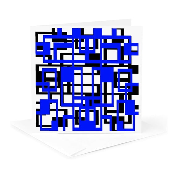 3drose, Geometric Shapes Pattern Blue Black on White Background, 1 Greeting Card with Envelope