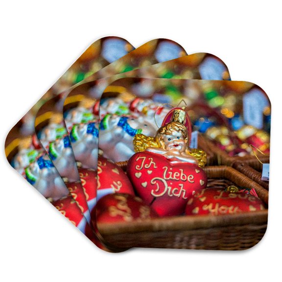 3drose, German Glass Christmas I Love You Ornaments, Rothenburg, Germany, Set of 4 Coasters - Soft