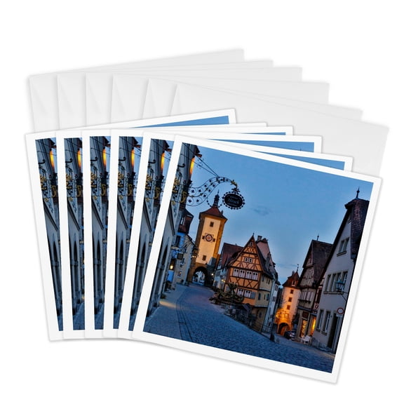 3drose, Germany, Rothenburg Ob Der Tauber, Ploenlein Triangular Place at Night, 6 Greeting Cards with Envelopes