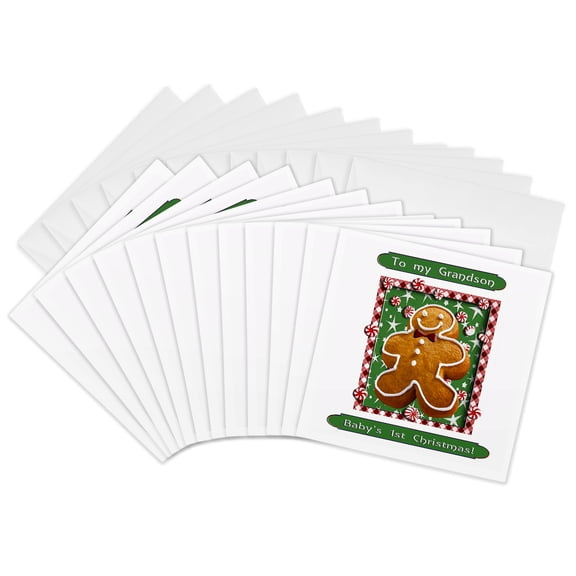 3drose, Gingerbread Boy, Babys First Christmas, Grandson, 12 Greeting Cards with Envelopes