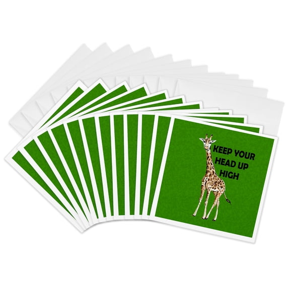 3drose, Giraffe Keep Your Head up High Green Background, 3dsm, 12 Greeting Cards with Envelopes