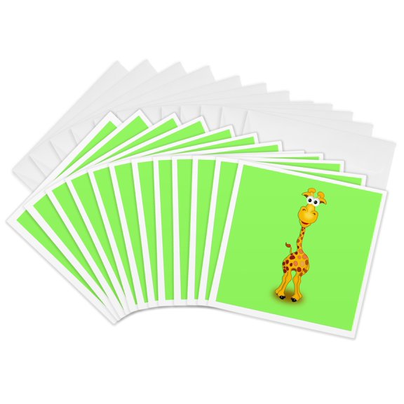 3drose, Giraffe with Green Background, 12 Greeting Cards with Envelopes