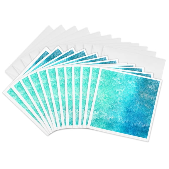 3drose, Girly Trend Teal Blue Luxury Elegant Mermaid Scales Glitter Glamor, 12 Greeting Cards with Envelopes