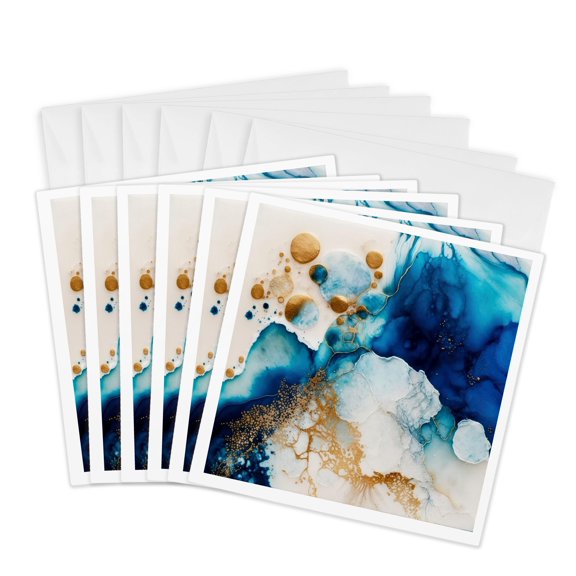 3drose, Glam Blue and Image of Gold Ink Wash Abstract, 6 Greeting Cards with Envelopes