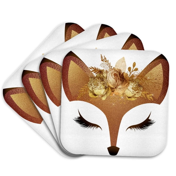 3drose, Glam Faux Gold Floral Fox Face Illustration, Set of 4 Coasters - Cork
