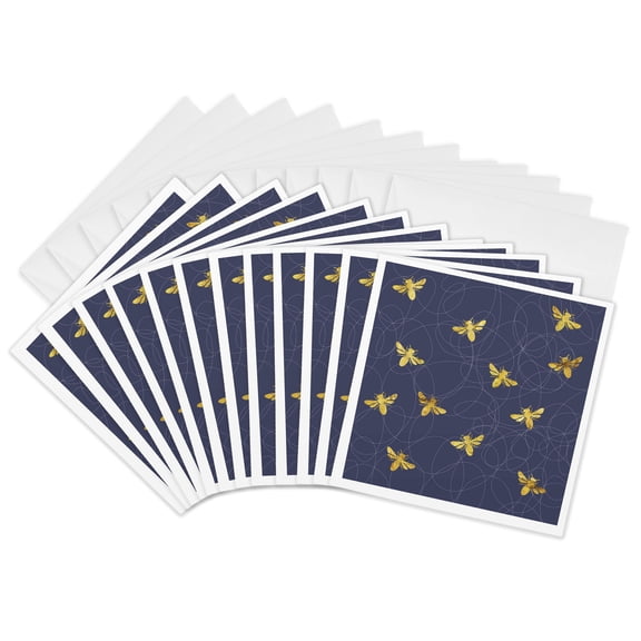 3drose, Glam Gold Bees on Blue Pattern, 12 Greeting Cards with Envelopes