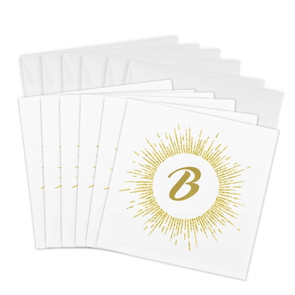 3drose, Glam Gold Monogram Letter B in Gold Sun Rays, 6 Greeting Cards with Envelopes