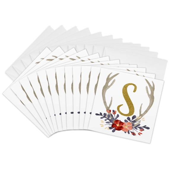3drose, Glam Gold S Monogram in a Watercolor Pink and Blue Floral Antlers, 12 Greeting Cards with Envelopes