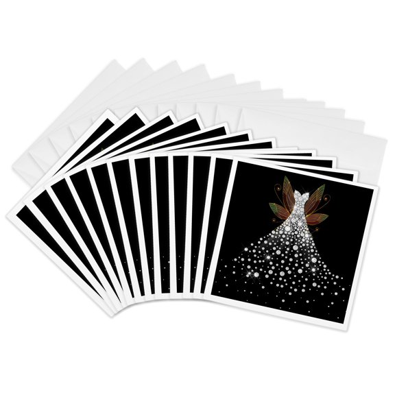 3drose, Glam Image of Diamonds Gown with Wings Illustration, 12 Greeting Cards with Envelopes