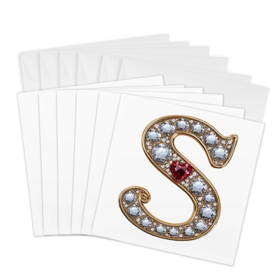 3drose, Glam Image of Diamonds Red Heart Monogram Initial S, 6 Greeting Cards with Envelopes
