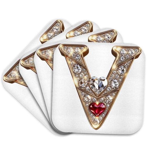3drose, Glam Image of Diamonds Red Heart Monogram Initial V, Set of 4 Coasters - Cork