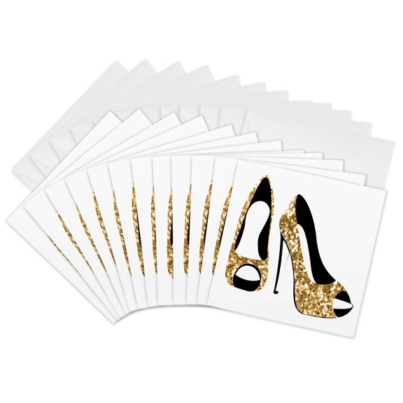 3drose, Glam Image of Gold Image of Chunky Glitter High Heel Shoes Graphic, 12 Greeting Cards with Envelopes