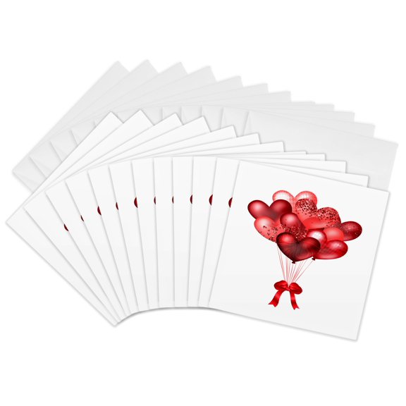 3drose, Glam Image of Red Glitter Balloon Bouquet Illustration, 12 Greeting Cards with Envelopes