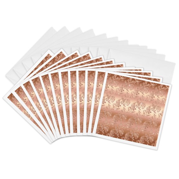3drose, Glam Image of Rose Gold Glitter Floral Pattern, 12 Greeting Cards with Envelopes