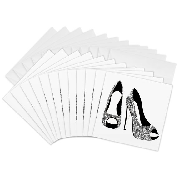 3drose, Glam Image of Silver Glitter High Heel Shoes Illustration, 12 Greeting Cards with Envelopes