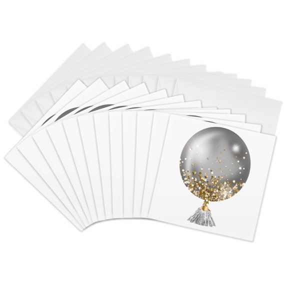 3drose, Glam Image of Silver Image of Gold Confetti Balloon Illustration, 12 Greeting Cards with Envelopes