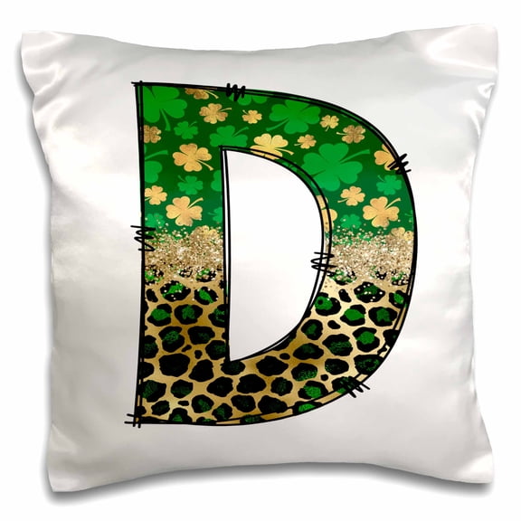 3drose, Glam Leopard and Four Leaf Clover Monogram Initial D, 16x16 inch Pillow Case