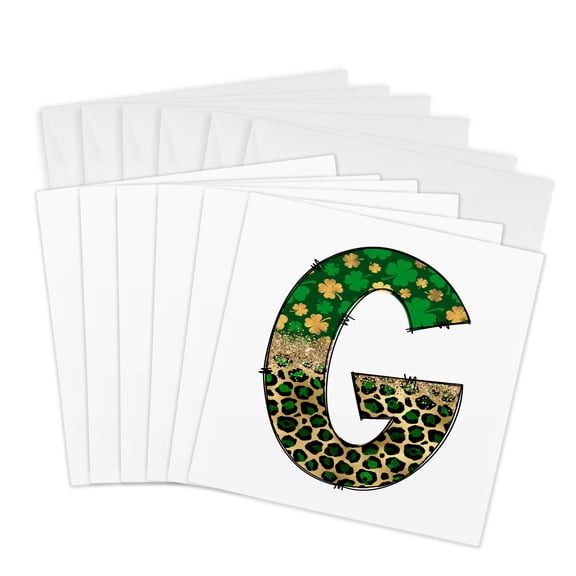 3drose, Glam Leopard and Four Leaf Clover Monogram Initial G, 6 Greeting Cards with Envelopes