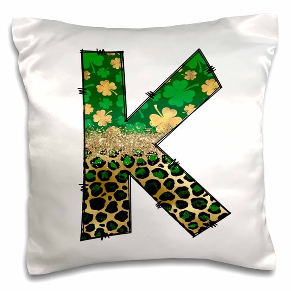 3drose, Glam Leopard and Four Leaf Clover Monogram Initial K, 16x16 inch Pillow Case