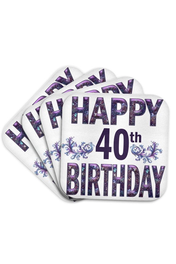 , Glam Purple Flourish Happy 40th Birthday, Set of 4 Coasters - Soft