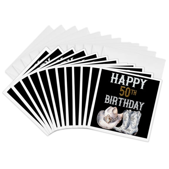3drose, Glam White and Image of Jeweled Western Cowgirl Happy 50th Birthday, 12 Greeting Cards with Envelopes