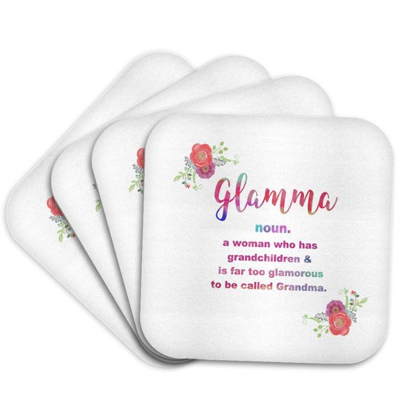 3drose, Glamma - Glam-ma - Glamorous Grandma - Floral Pink Funny Definition, Set of 4 Coasters - Soft