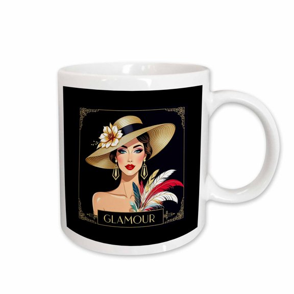 3drose, Glamour Text. Chic Image of a Lady in a Straw Hat, Feathers. Gift, 11oz Mug