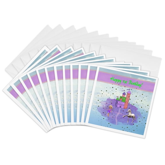 3drose, Glitter Look Castle with Fairy Princess and Unicorn, Happy 1st Birthday, 12 Greeting Cards with Envelopes