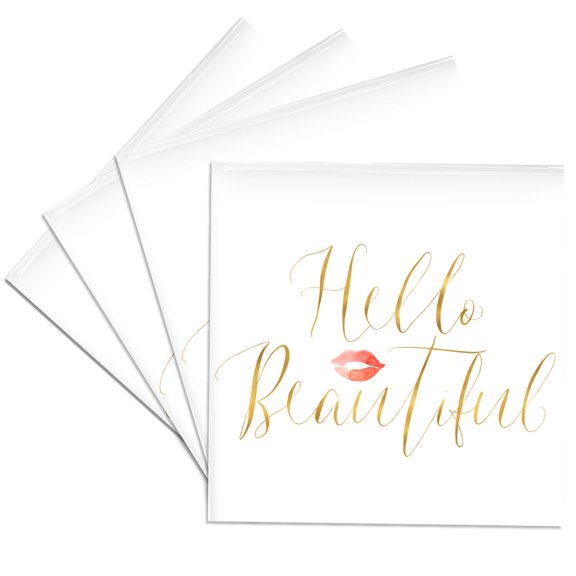 3drose, Gold Hello Beautiful Kiss Lips, Set of 4 Ceramic Tile Coasters