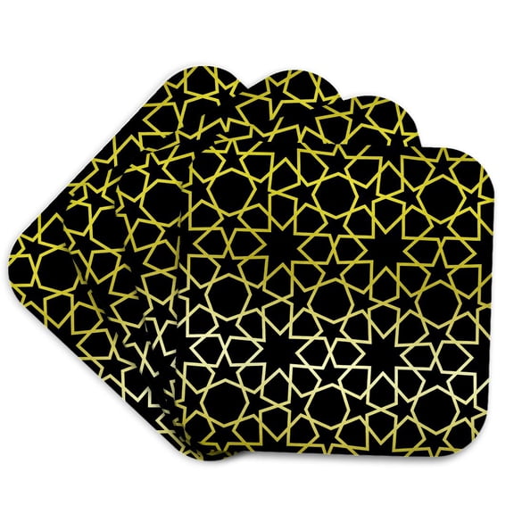 3drose, Gold Stars Outline Geometric Intricate Islamic Art Pattern on Black - Filigree Laser Cut Effect, Set of 4 Coasters - Cork