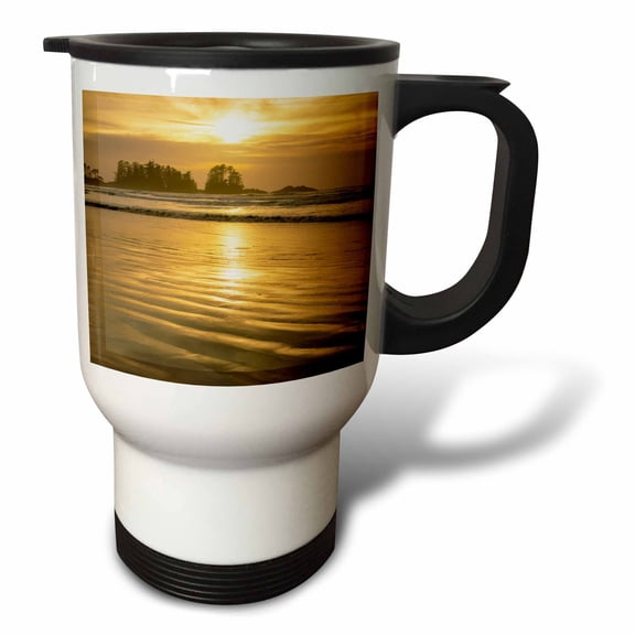 3drose, Golden Sunset over Chesterman Beach, Tofino, Vancouver Island, Canada, 14oz Stainless Steel Travel Mug