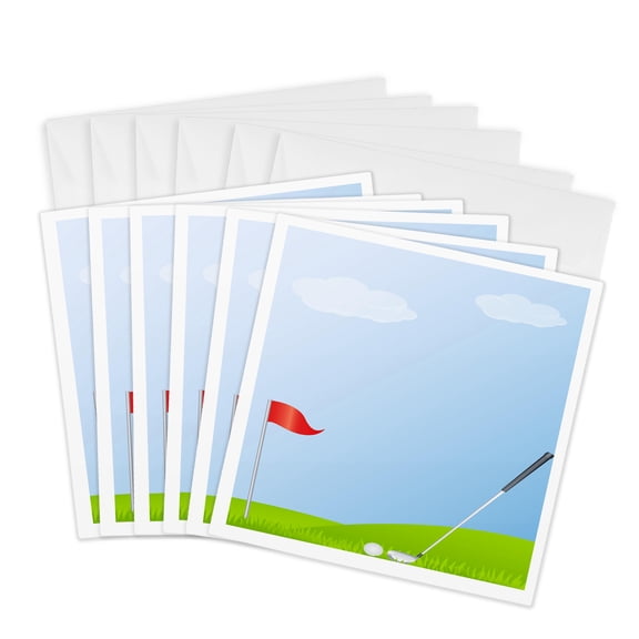3drose, Golf Club and Golf Ball on a Golfing Green Illustration, 6 Greeting Cards with Envelopes