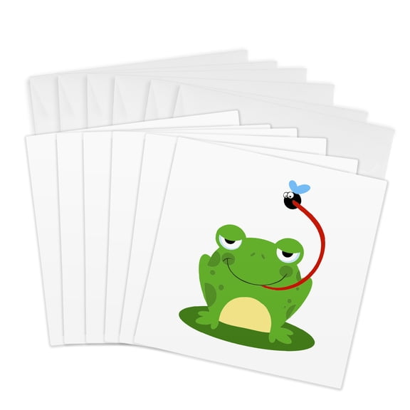 3drose, Goofy Frog Catching a Fly Funny Animal Cartoon, 6 Greeting Cards with Envelopes